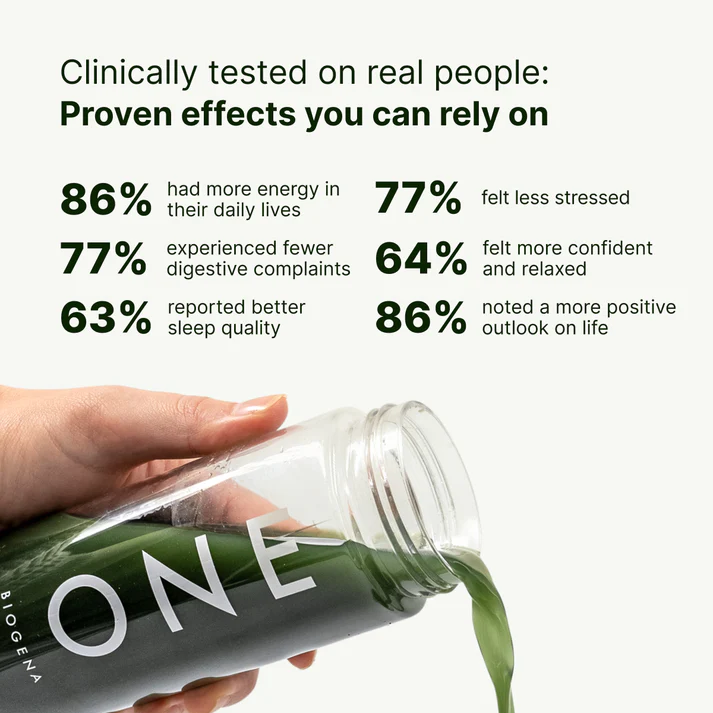 Hand pouring green liquid from a bottle with statistical text above.