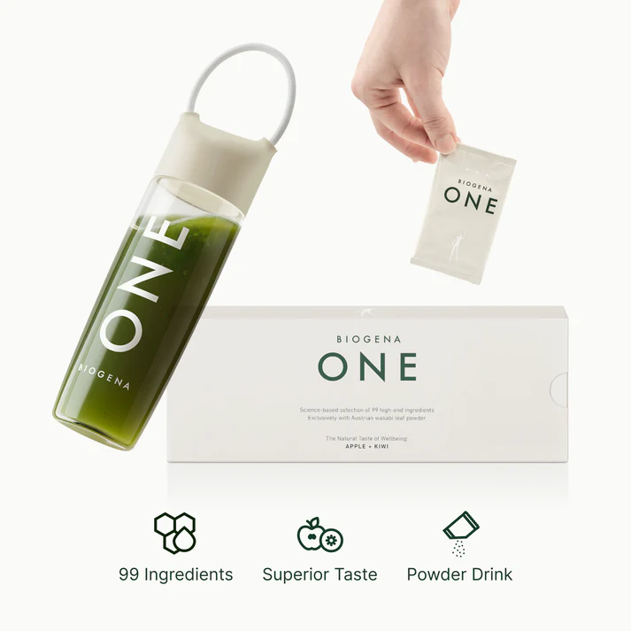 Box and bottle labeled 'Biogena ONE', with ingredients and taste icons.