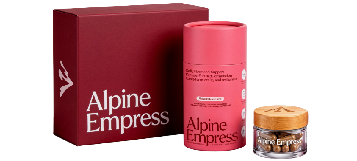 Alpine Empress supplement packaging, including a box, a pink tube, and a small jar filled with capsules.