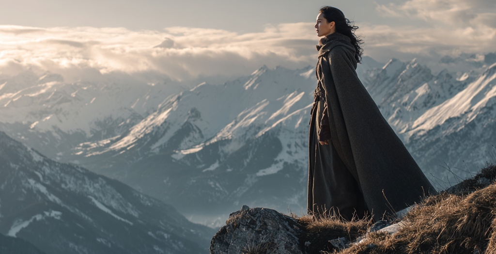 A person stands on a rocky outcrop, dressed in a dark cloak, overlooking a snow-covered mountain landscape.