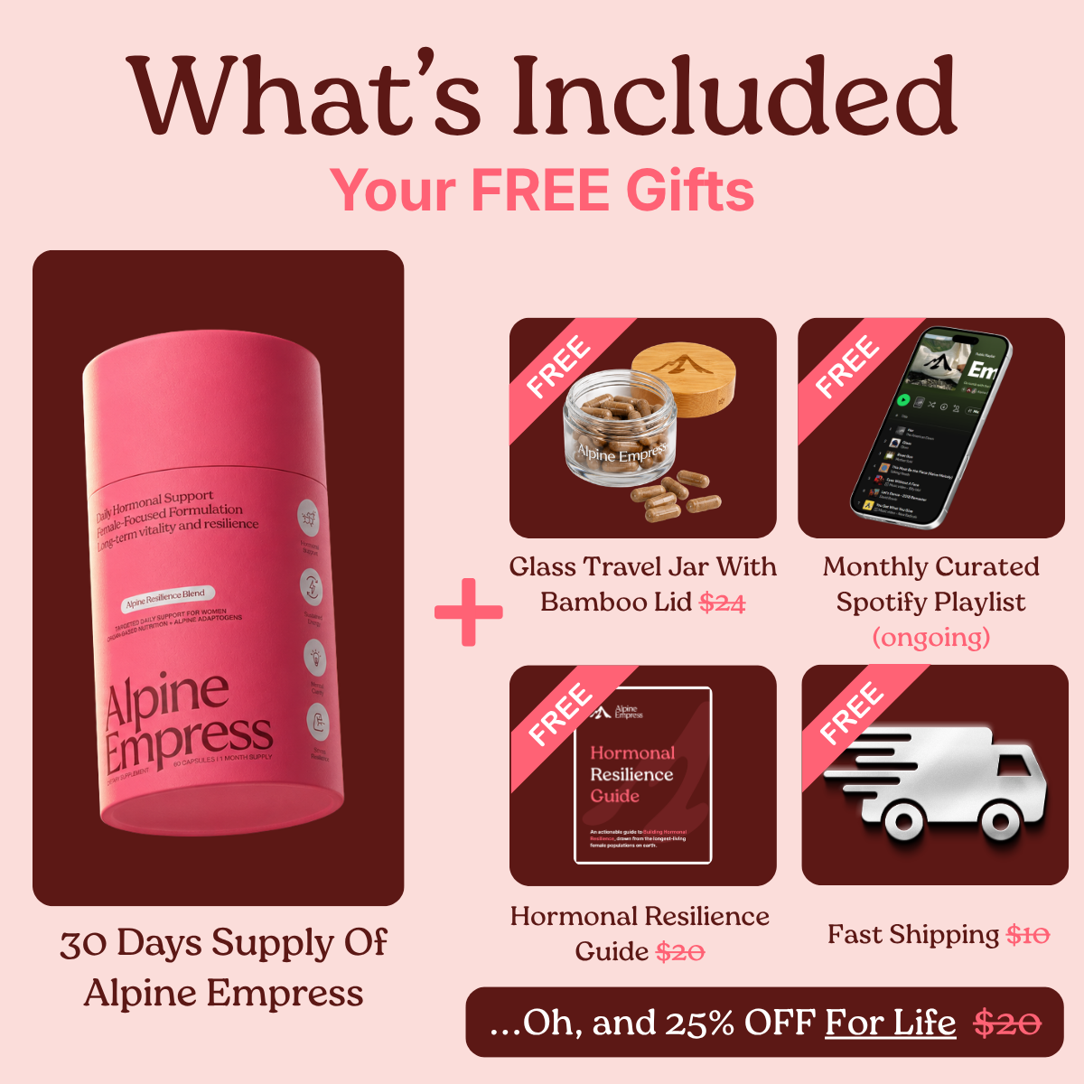 Promotional image for Alpine Empress supplements, detailing what's included with purchase, including several free gifts.