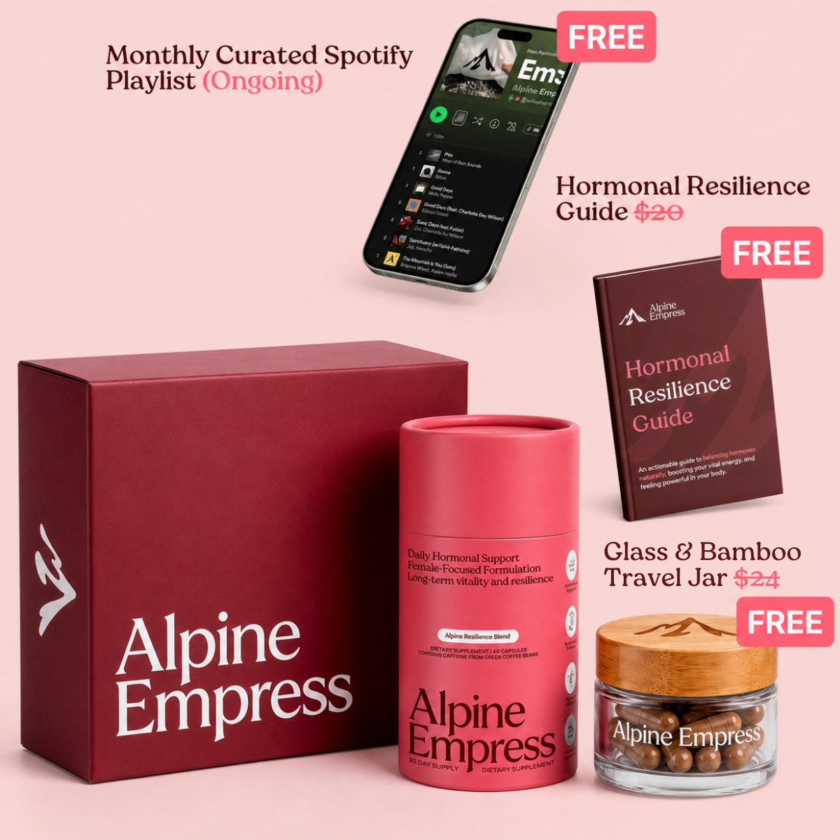 An advertisement for Alpine Empress products, including supplements, a guide, a travel jar, and a Spotify playlist.