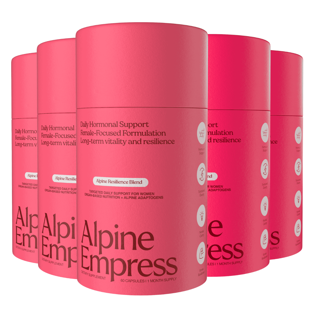 Five pink cylindrical containers of Alpine Empress dietary supplement lined up in a row.