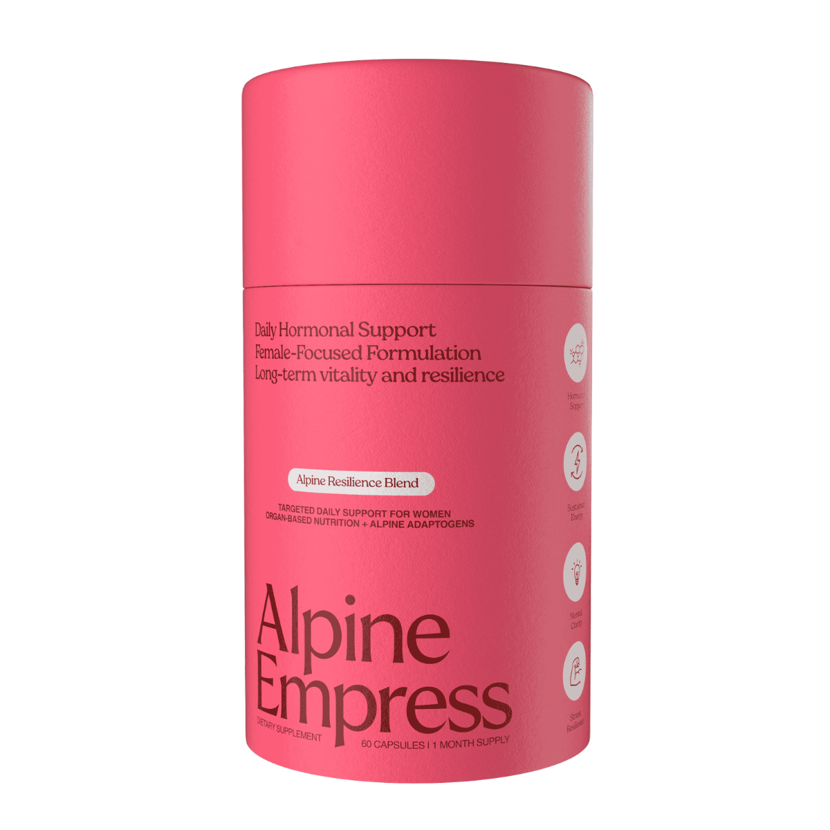 A pink cylindrical bottle of Alpine Empress, a dietary supplement for daily hormonal support for women.