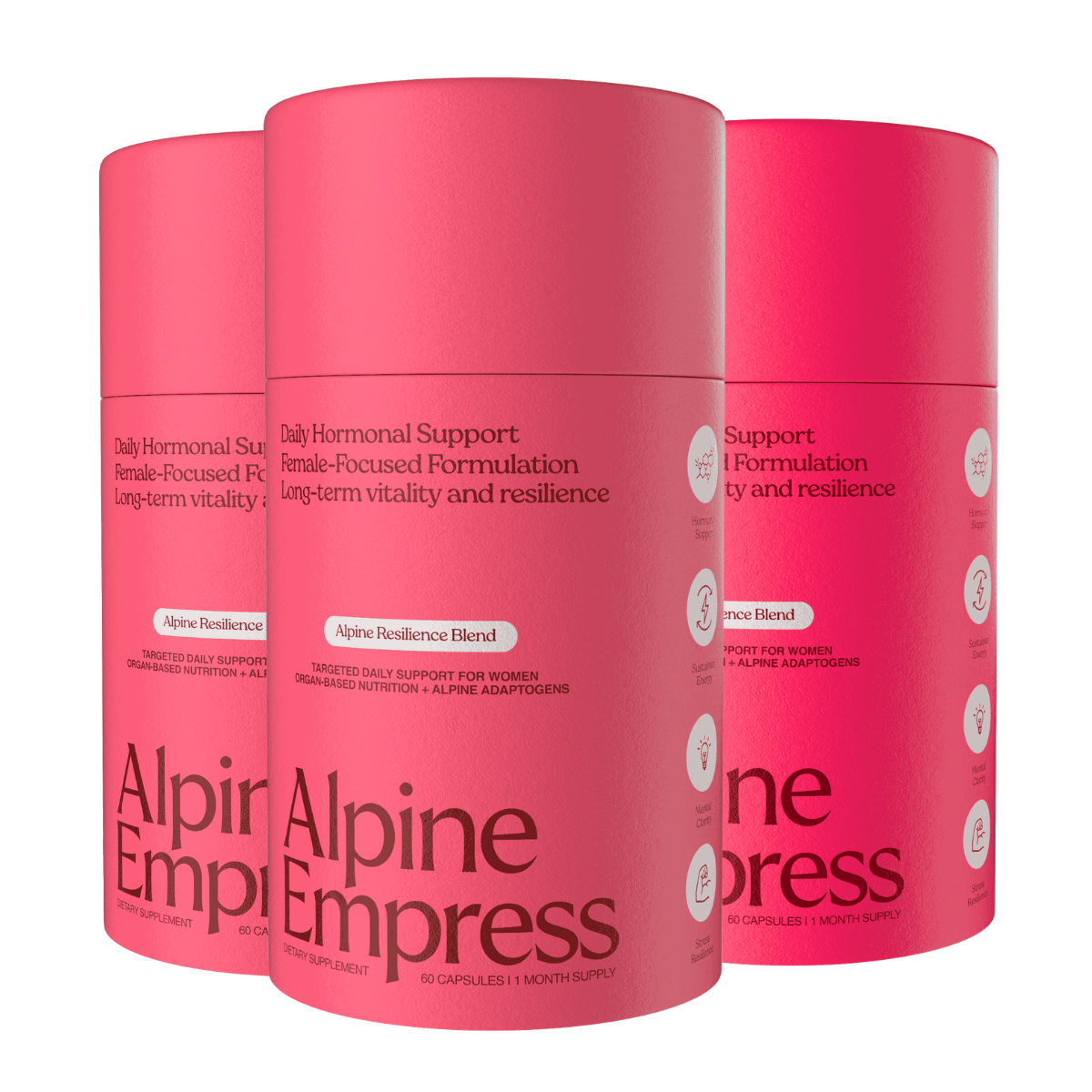 Three pink cylindrical containers of Alpine Empress, a daily hormonal support supplement for women.