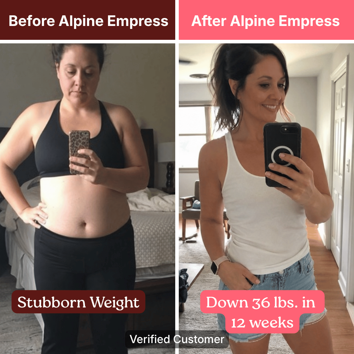 A before-and-after split image showing a woman's weight loss transformation after 12 weeks.