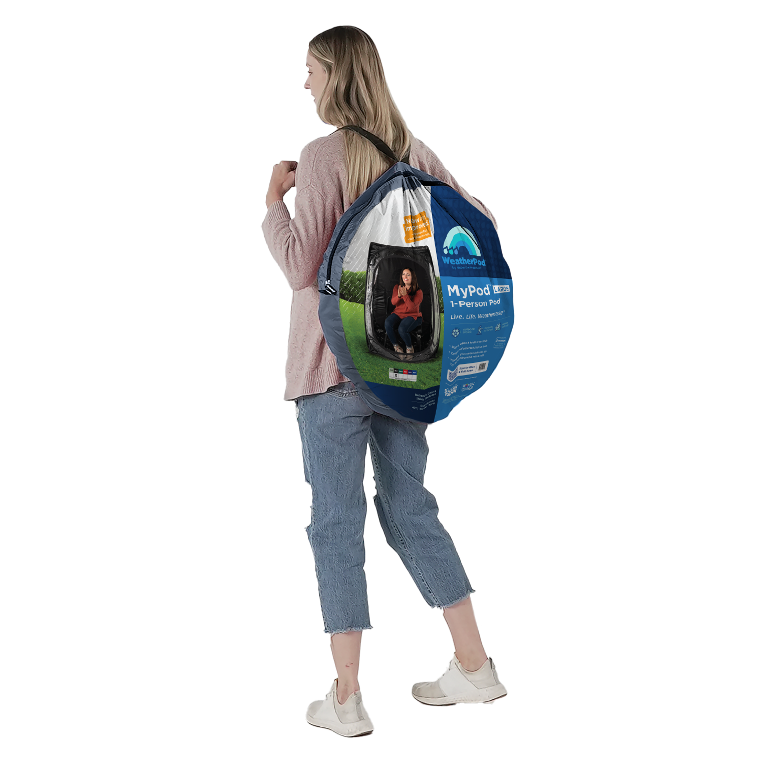 Rear view of a woman carrying a large, round WeatherPod MyPod bag on her back.