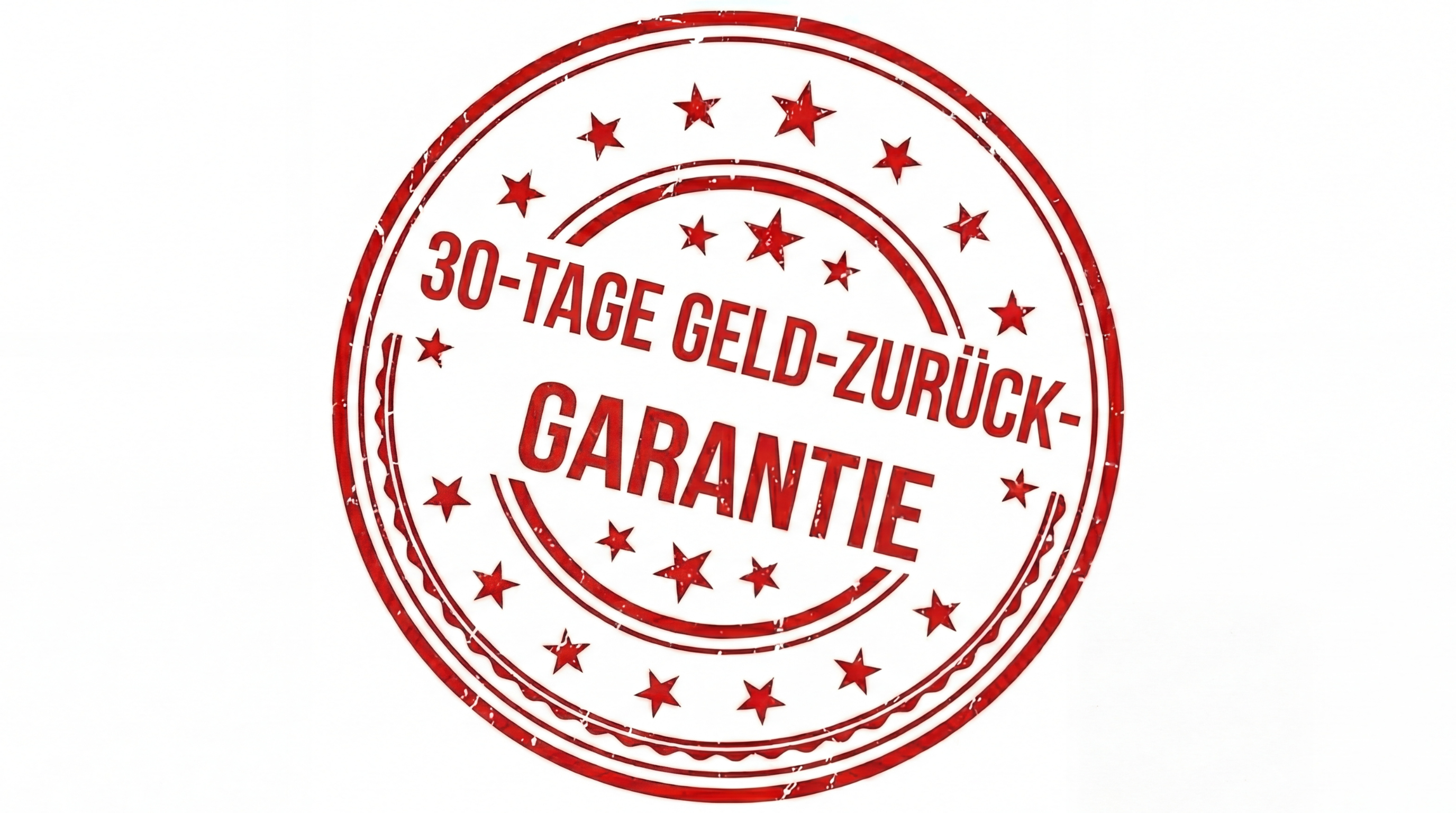 A red, circular stamp in German that says '30-Tage Geld-Zurück-Garantie' (30-day money-back guarantee).