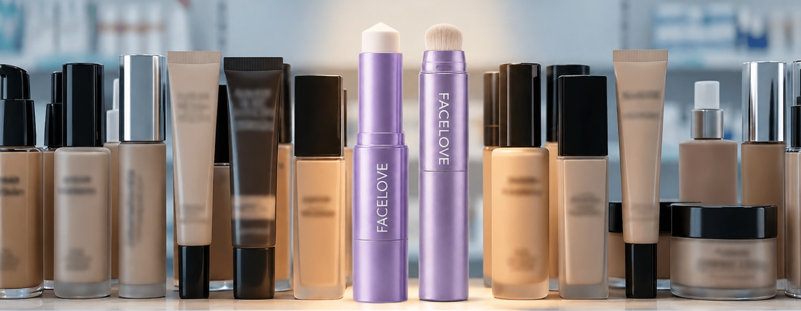An assortment of foundation makeup in various containers, with two purple 'FACELOVE' sticks in the center.