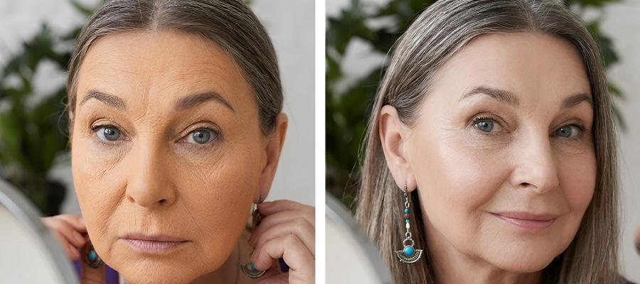A side-by-side image of an older woman's face, showing a before and after comparison with makeup.
