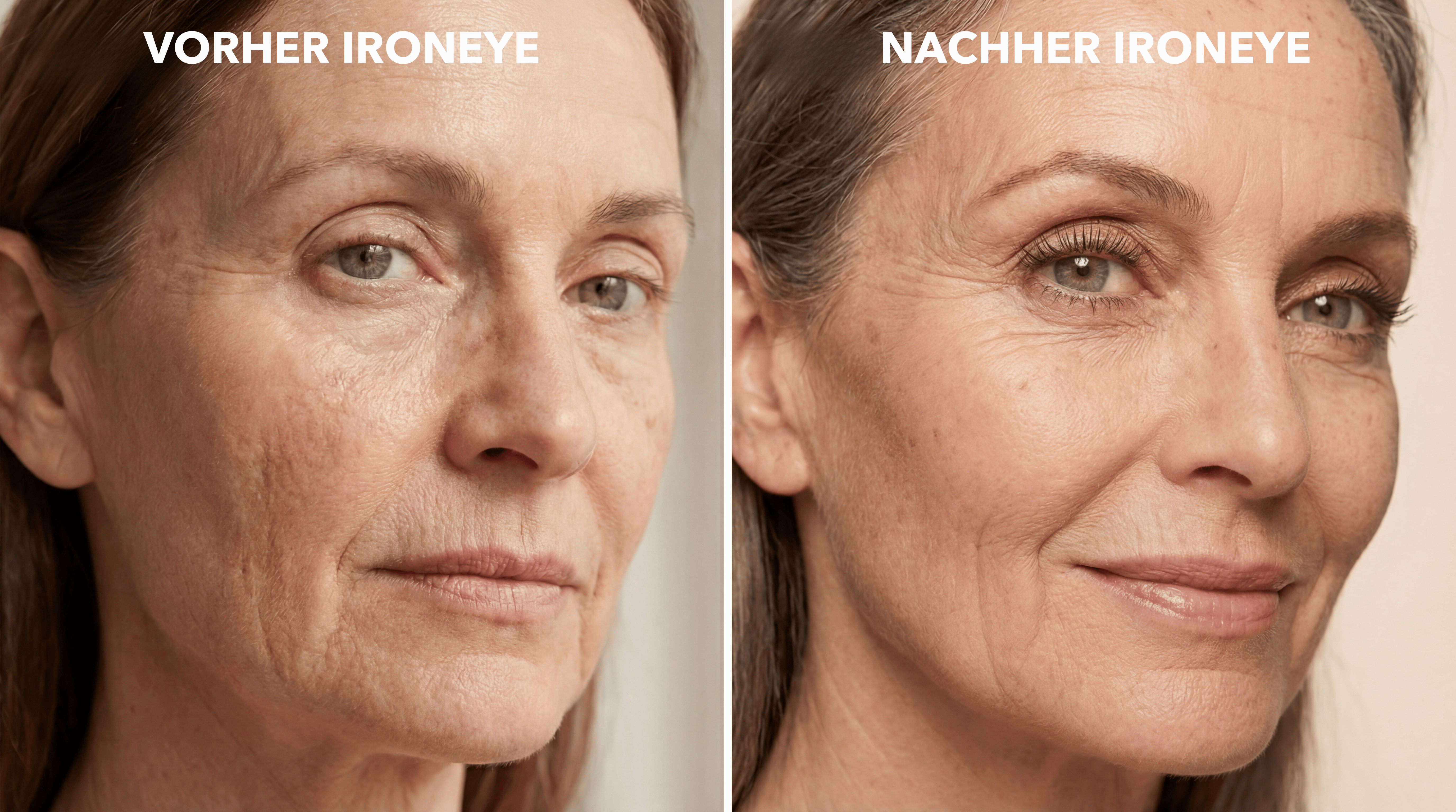 A side-by-side comparison of a woman's face, showing a reduction of wrinkles in the after photo.
