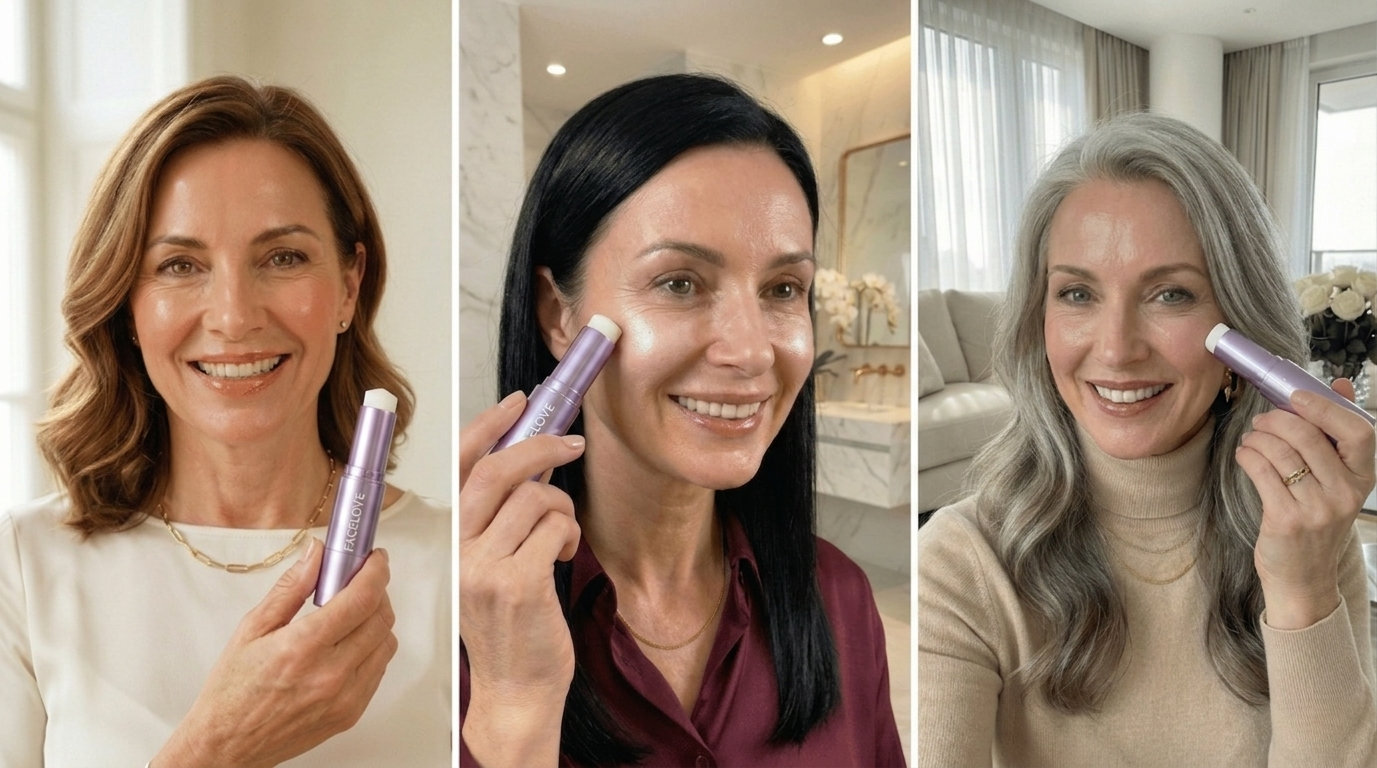 A collage of three smiling women holding and applying a purple skincare stick to their faces.