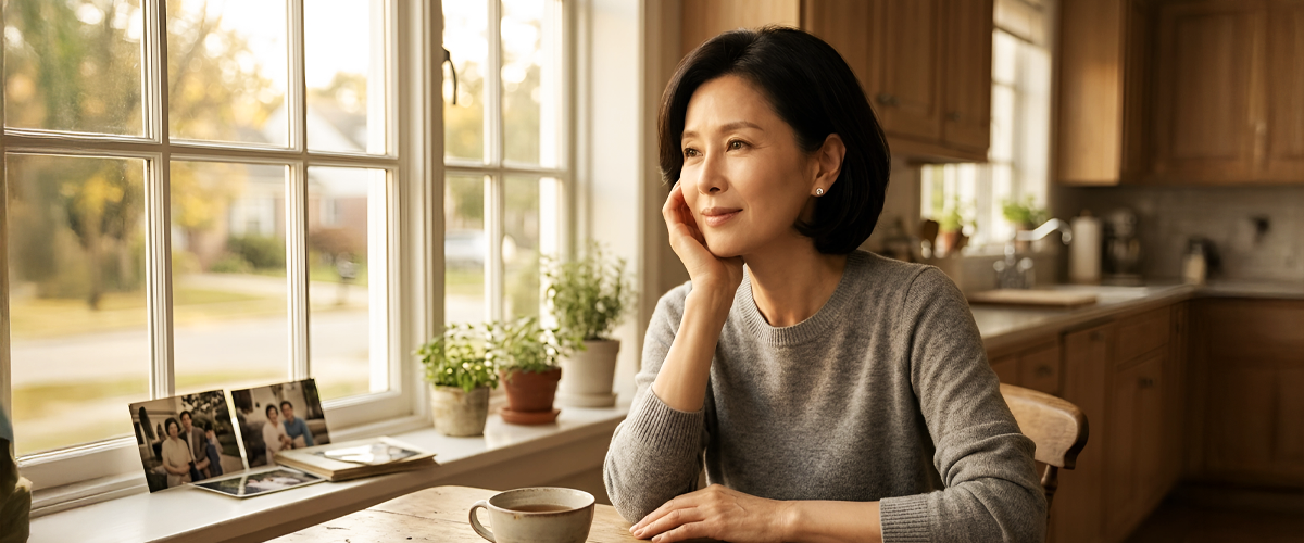 A woman sits at a kitchen table with a cup, looking thoughtfully out a window next to photos.