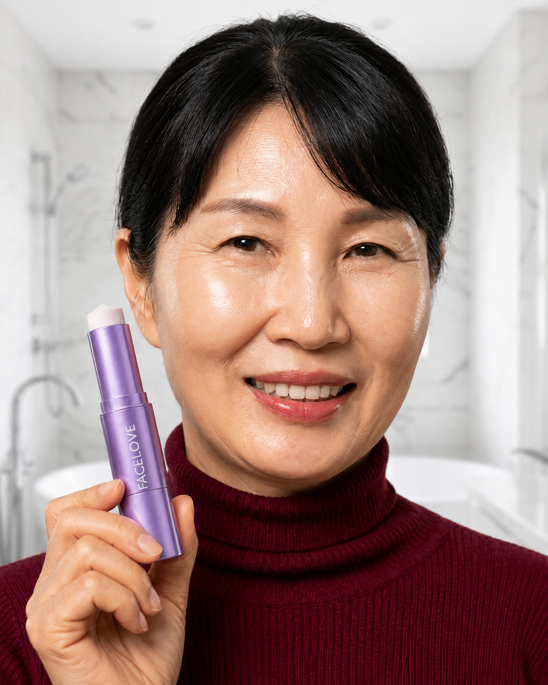 A smiling woman in a maroon turtleneck holds a purple skincare stick called Facelove in a bathroom.