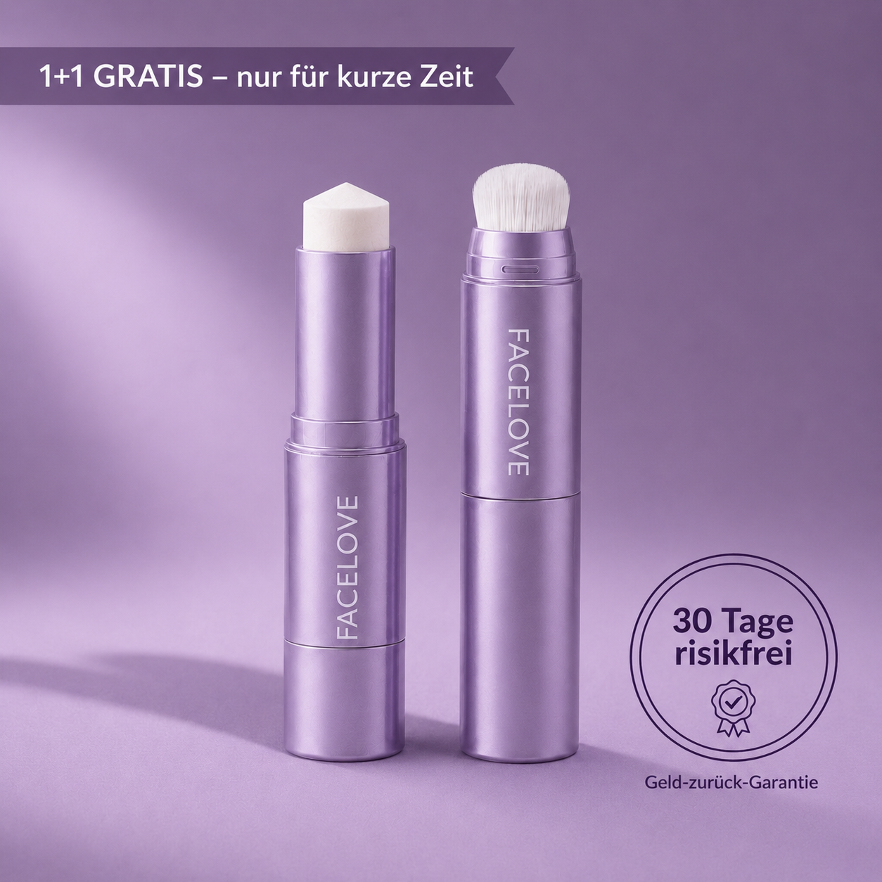 Two purple makeup tubes from the brand 'Facelove', one with a sponge applicator and one with a brush.