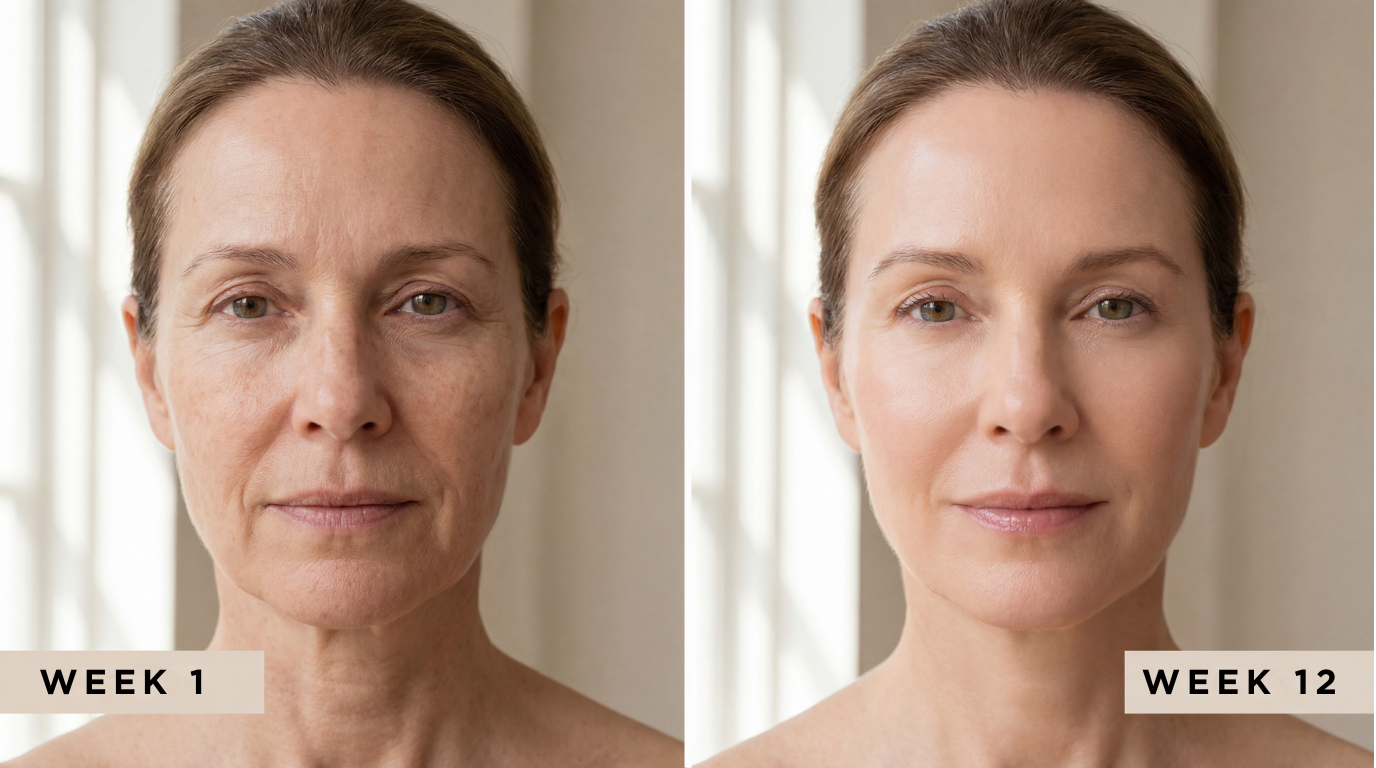 A side-by-side comparison of a woman's face, showing skin improvement from week 1 to week 12.