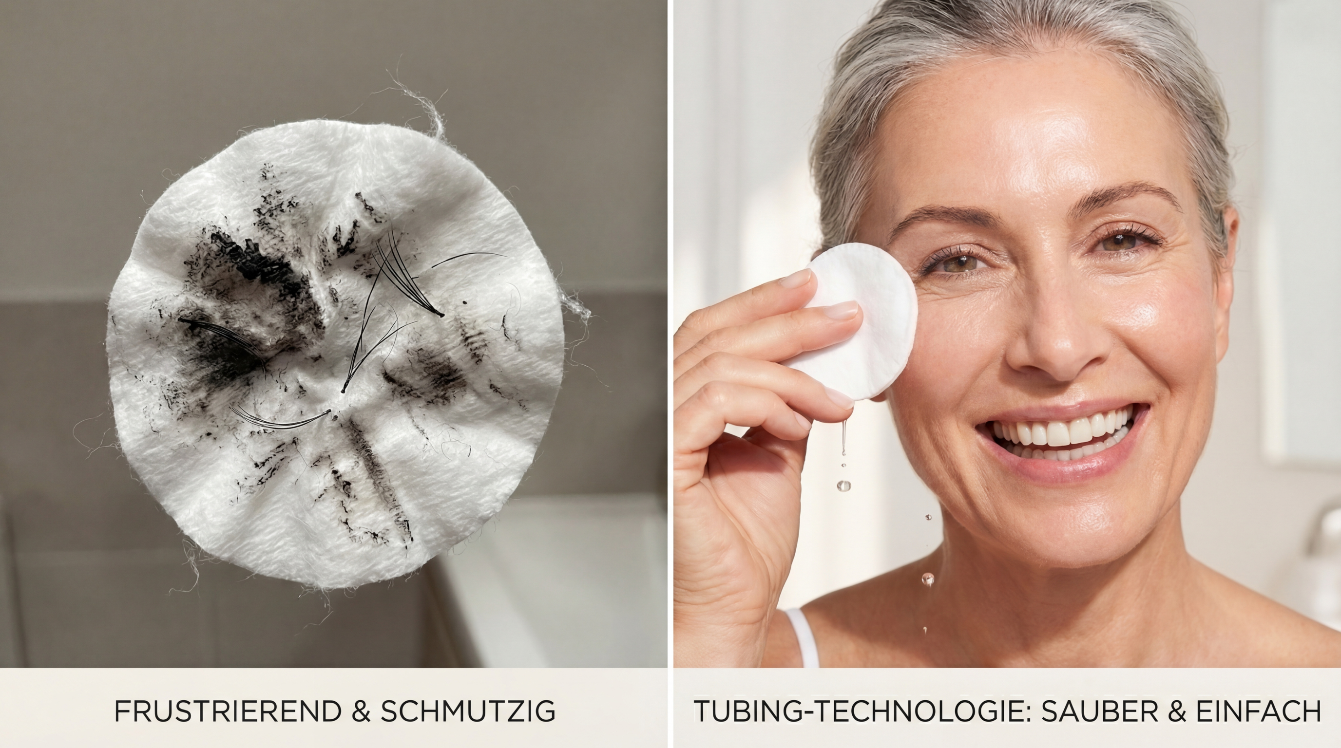 A split image comparing messy mascara removal with a woman easily wiping her eye with a clean pad.
