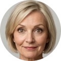 A circular headshot of a smiling, middle-aged woman with short blonde hair looking at the camera.