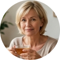 A middle-aged woman with short blonde hair holds a clear glass teacup and looks at the camera.