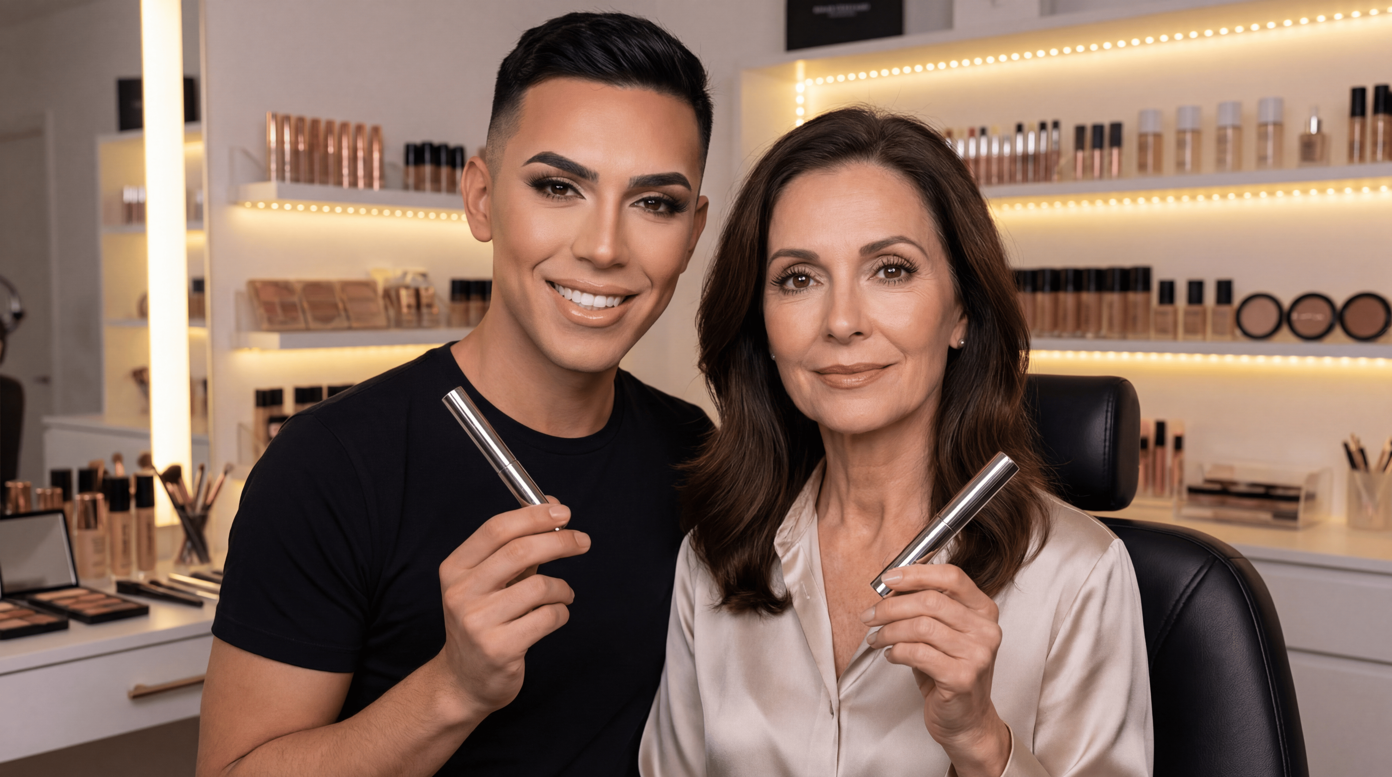A man and a woman with makeup on smile while holding silver tubes in a makeup room.