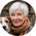 A woman with short white hair and a brown scarf, smiling next to a small dog.