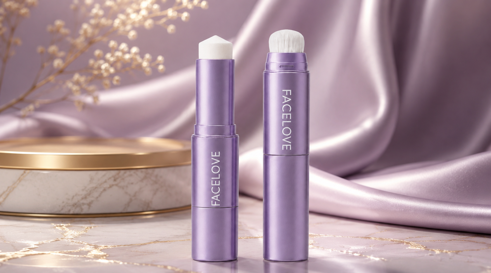 Two purple FACELOVE makeup sticks, one with a sponge tip and one with a brush, on marble.