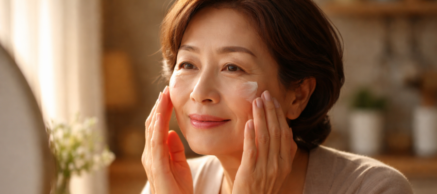 A smiling, middle-aged woman with short brown hair applying cream to her cheek in a sunlit room.