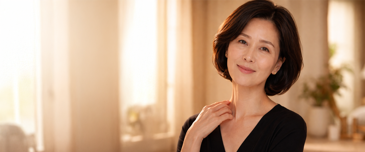 A middle-aged woman with short dark hair, wearing a black v-neck top, smiles in a warmly lit room.