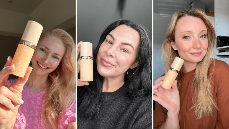 A collage of three women smiling while holding and applying a purple skincare stick to their faces.