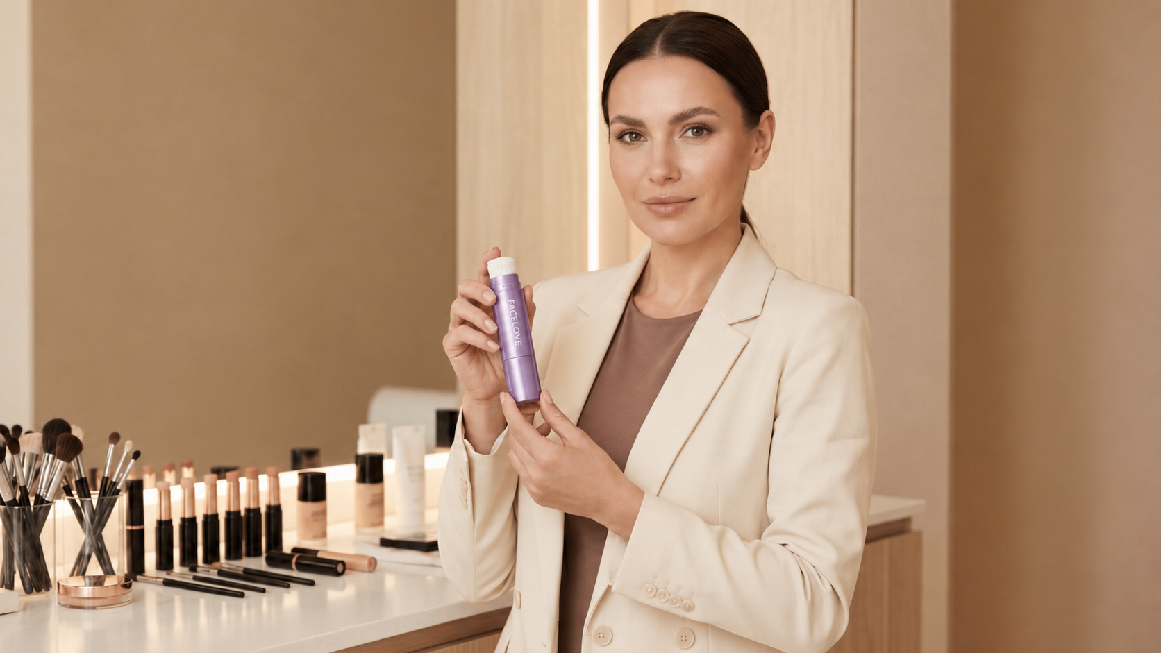 A woman in a cream blazer holds up a purple makeup product in front of a vanity.