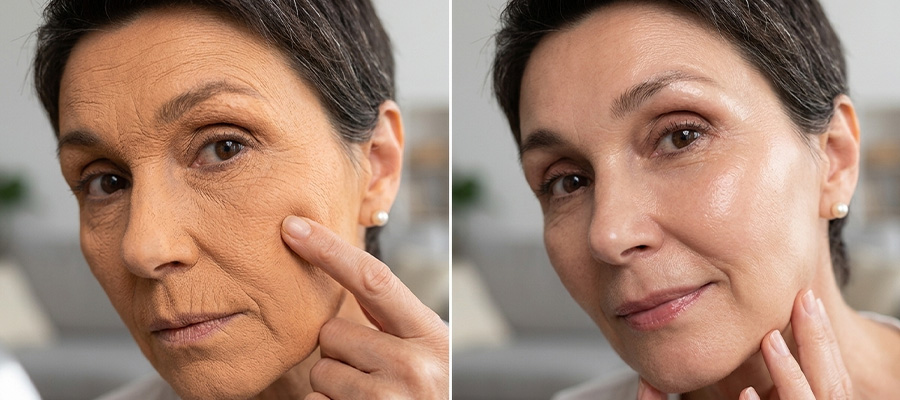 A before-and-after split image showing a woman's face with wrinkles on the left and smoother skin on the right.