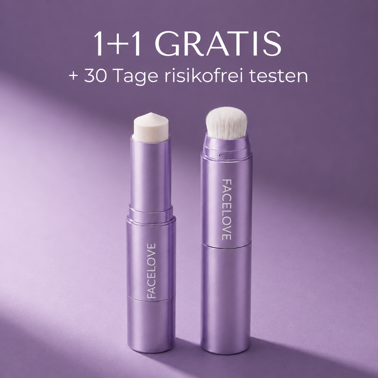 Two purple Facelove cosmetic products, a foundation stick and a brush, on a purple background.