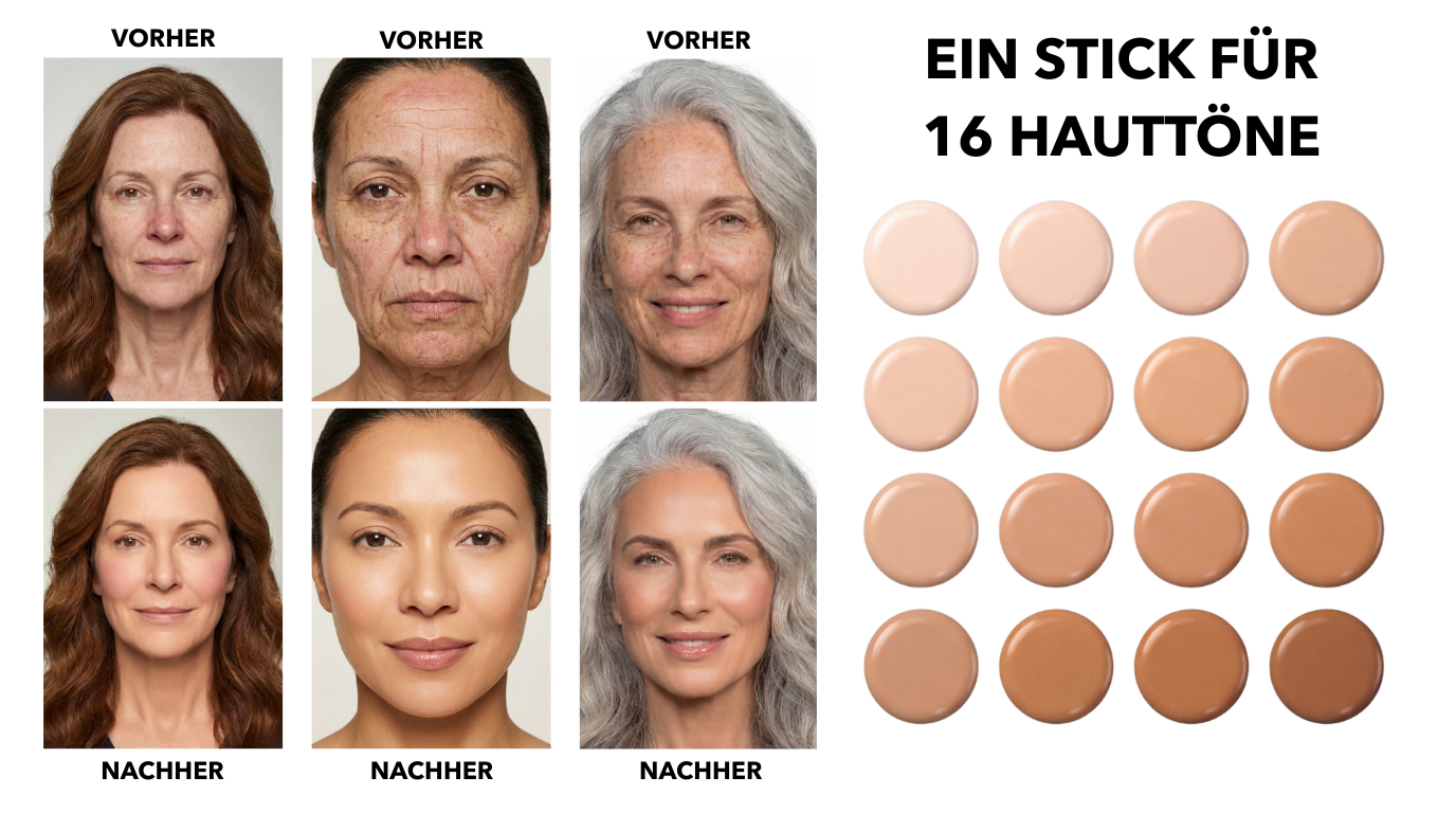 Before-and-after photos of three women using foundation, shown next to 16 swatches of different shades.