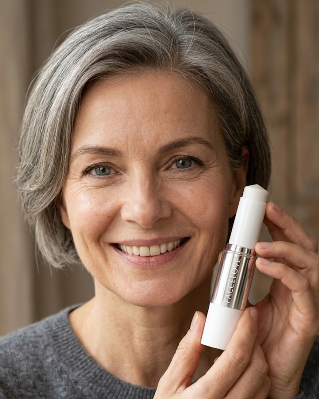 A smiling woman with short gray hair holds up a white and silver stick of face cream.
