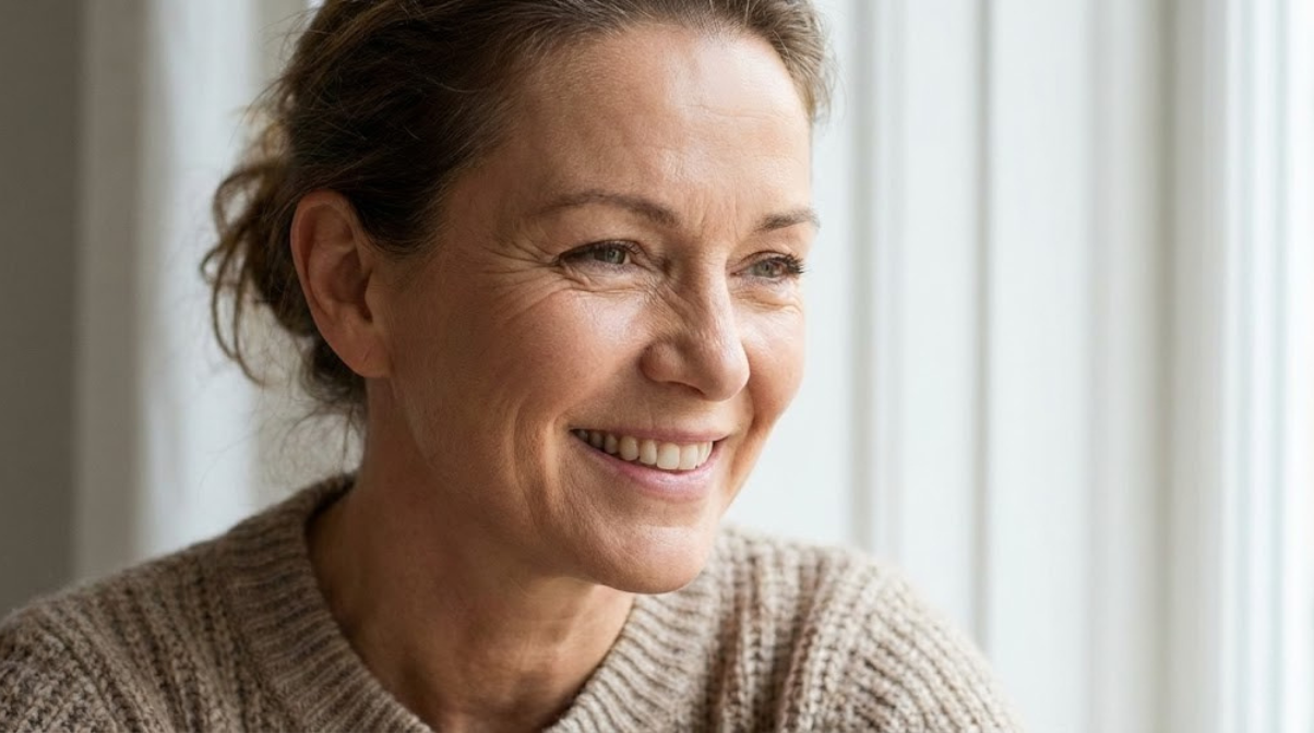 A smiling, middle-aged woman in a knit sweater looking to her right, in front of a window.
