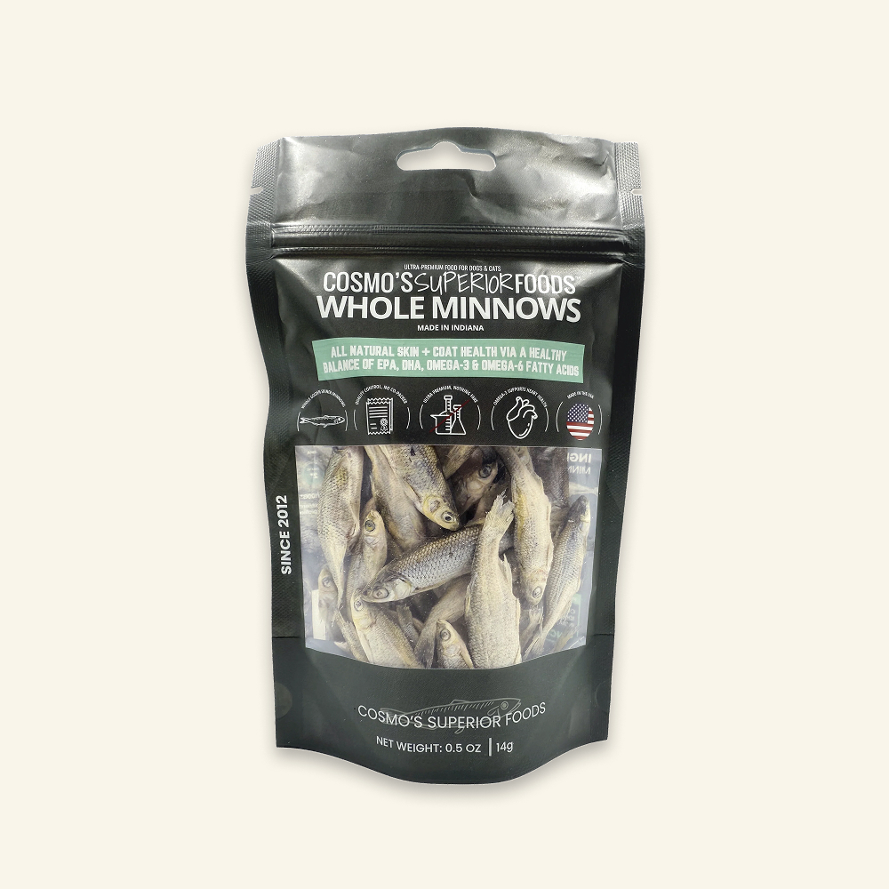 A black bag of Cosmo's Superior Foods Whole Minnows, freeze-dried fish treats for dogs and cats.