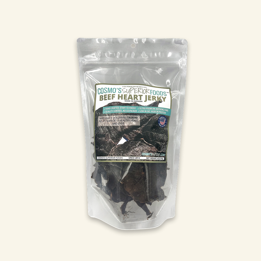 A clear plastic bag of Cosmo's Superior Foods Beef Heart Jerky against a plain off-white background.