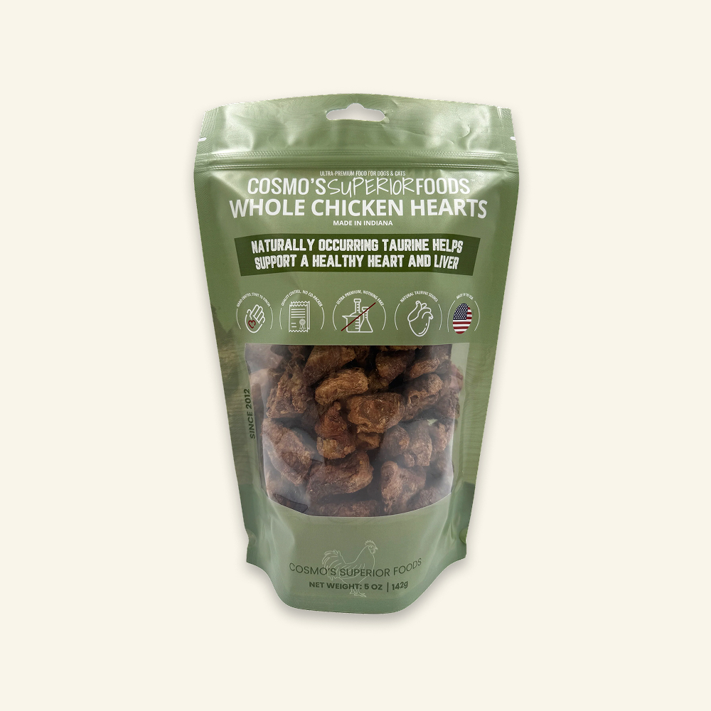 A green bag of Cosmo's Superior Foods Whole Chicken Hearts for dogs and cats.