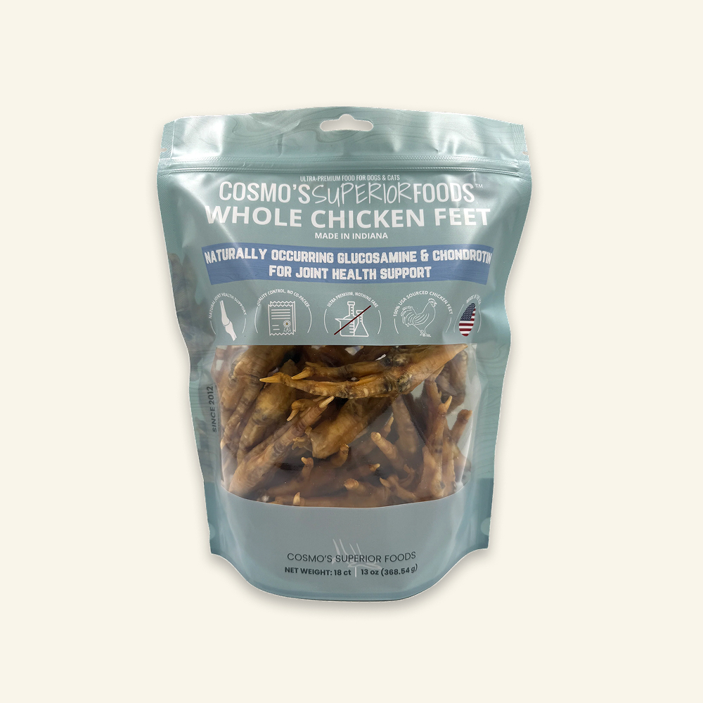 A bag of Cosmo's Superior Foods Whole Chicken Feet dog and cat treats on a plain background.