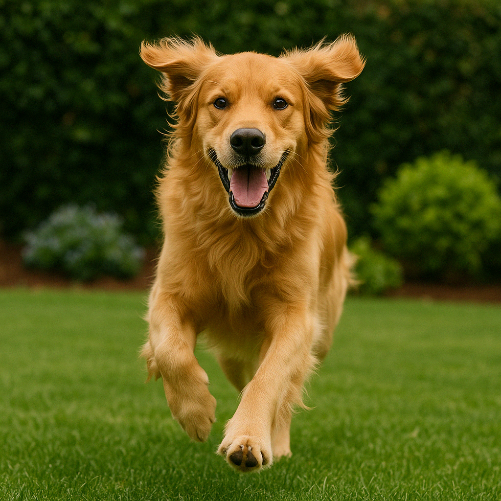 Golden retriever running on grass with a happy expression.