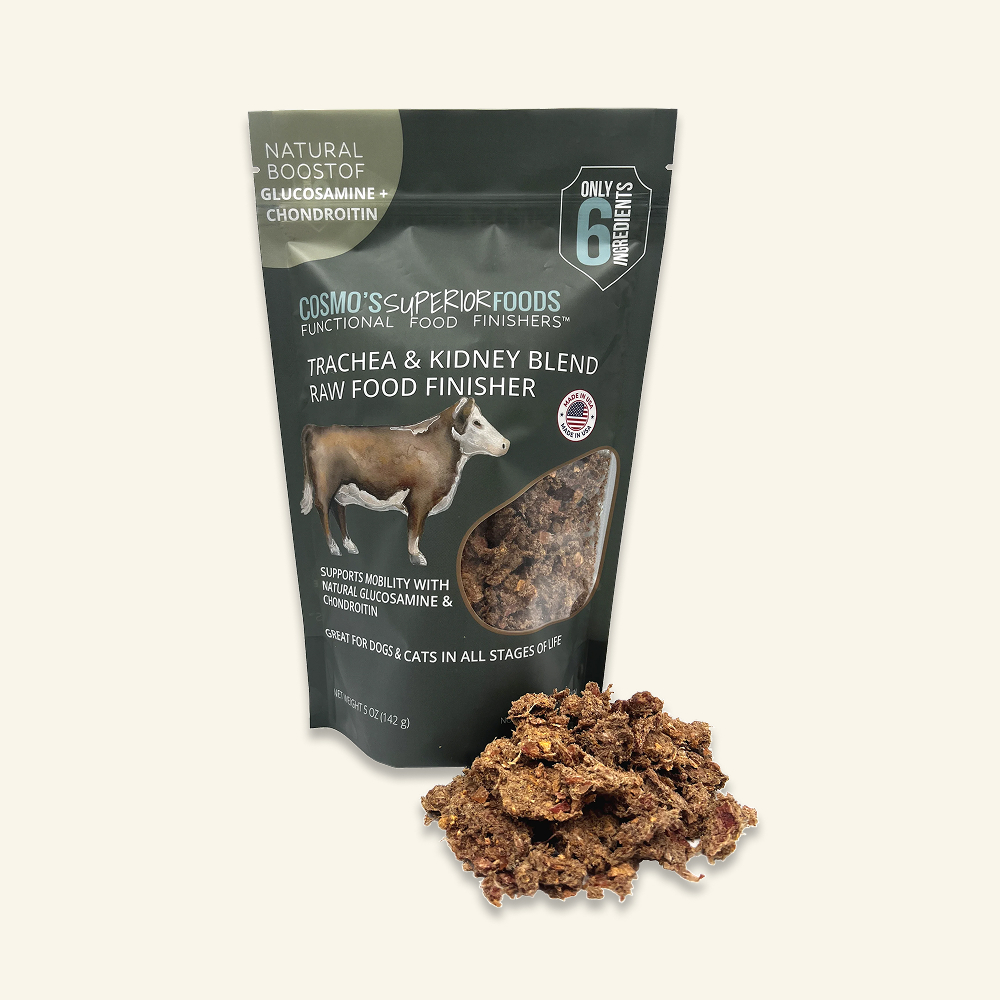 A bag of Cosmo's Superior Foods Trachea & Kidney Blend with a pile of the product in front.