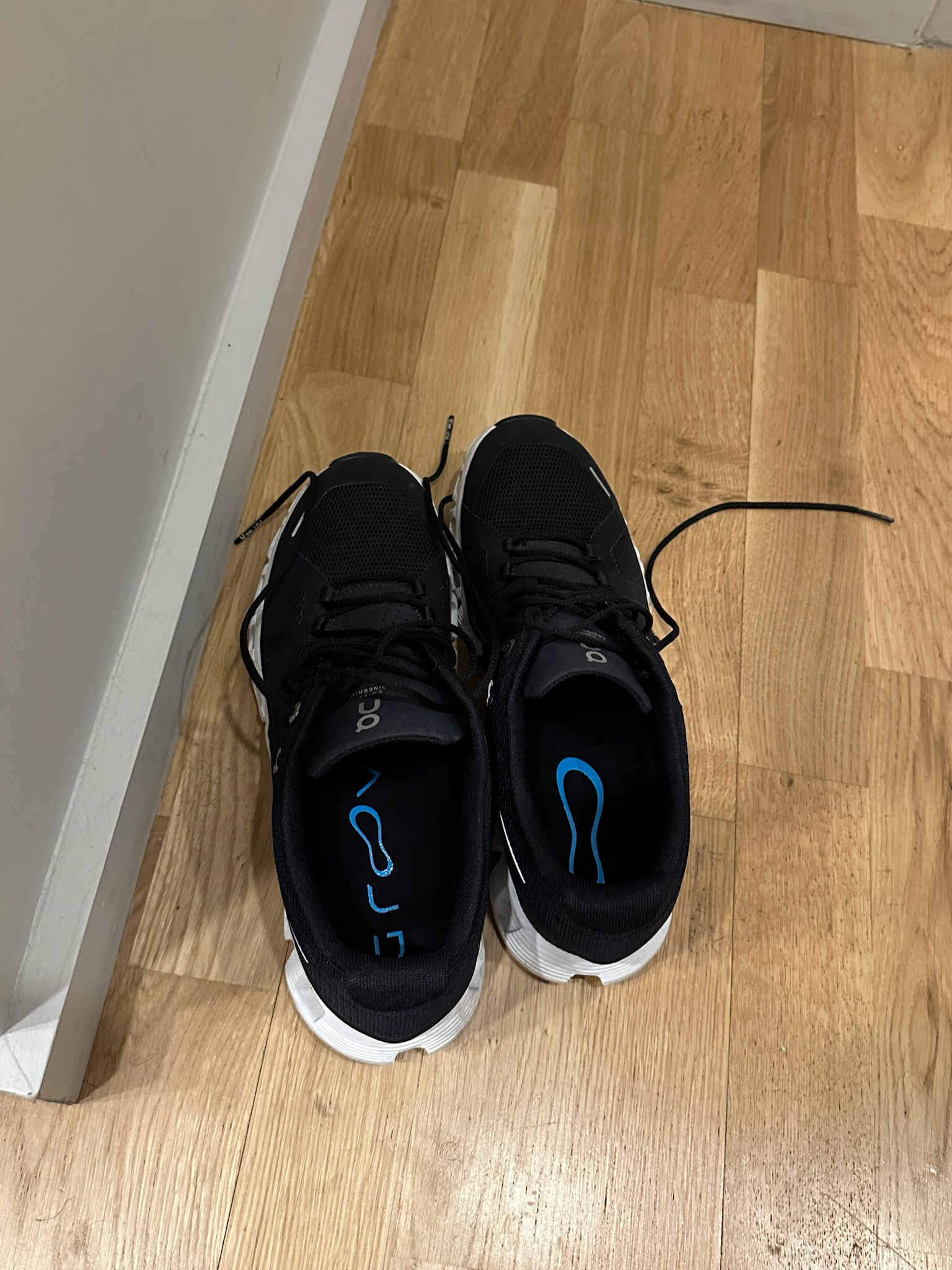 Pair of black sneakers on a wooden floor.