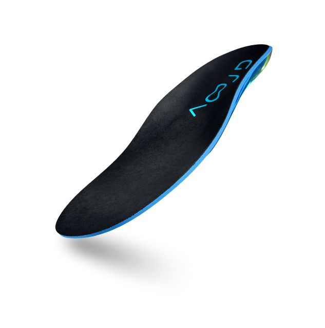 Black orthopedic insole with blue edges and printed text.