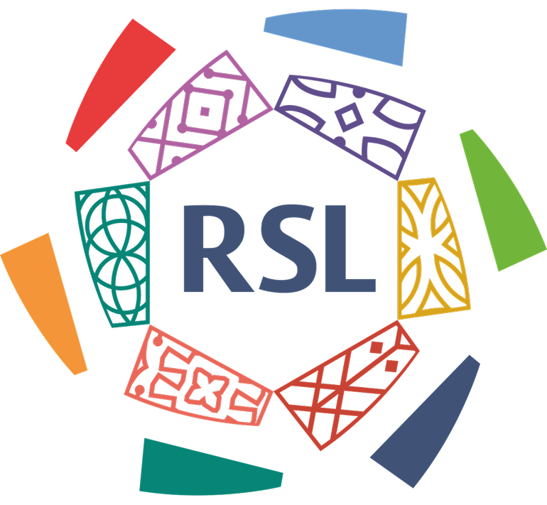 Colorful geometric shapes surround the letters RSL in the center.