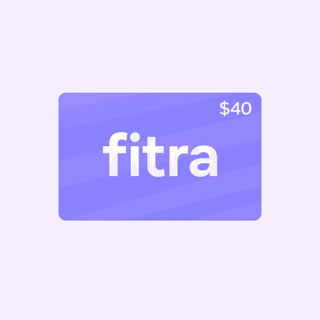 A purple card with 'fitra' and $40 written on it.