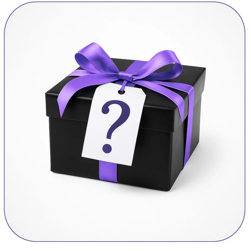 Black gift box with purple ribbon and question mark tag.