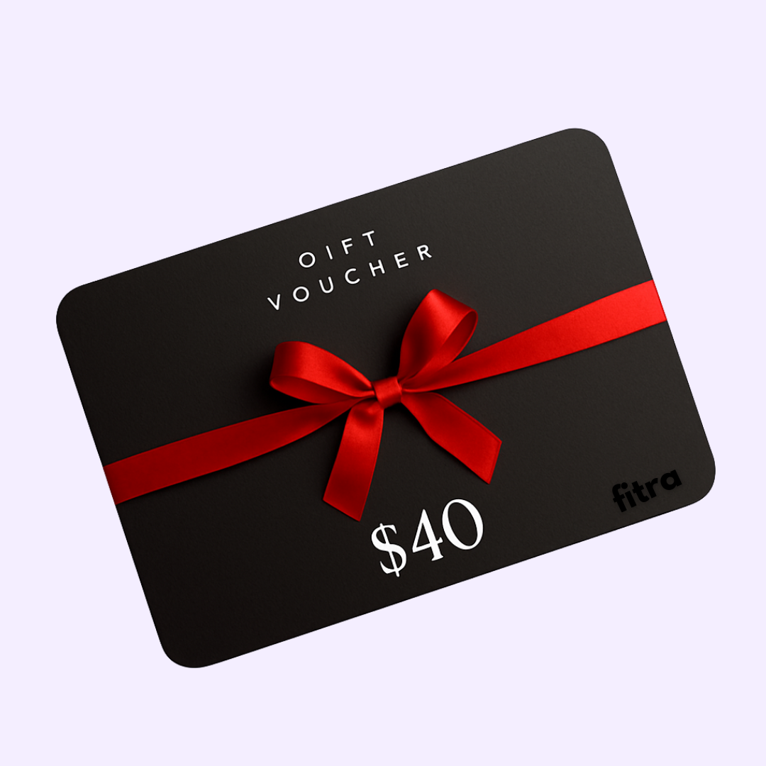 Black gift voucher with red ribbon, labeled '$40' and 'fitra'.