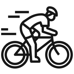 Simple black and white icon of a cyclist riding a bicycle.