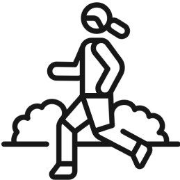 Simple line drawing of a person running with bushes in the background.