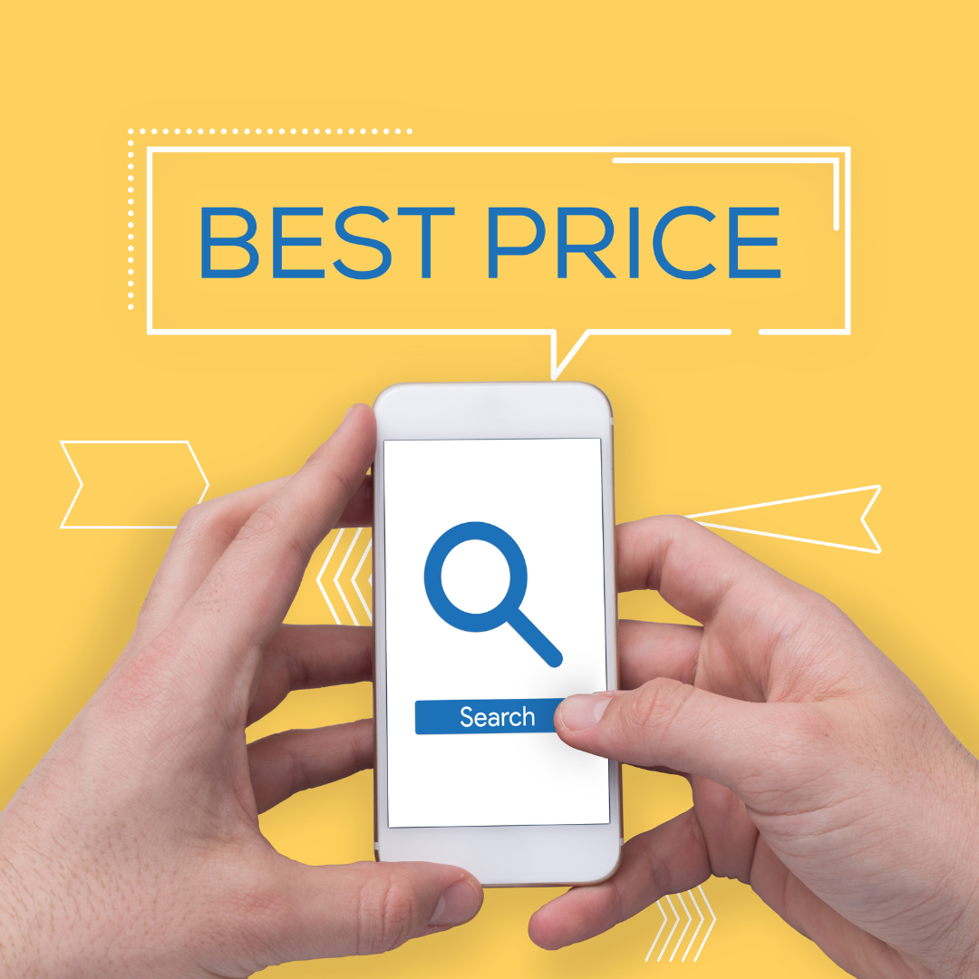Hands holding a smartphone with a search icon, 'BEST PRICE' text in background.